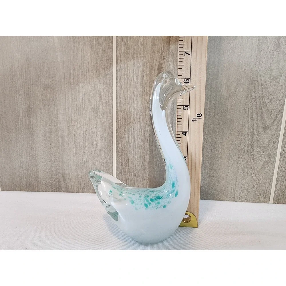 Murano Style Art Glass Swan Figurine White Turquoise Hand Blown Glass Decor